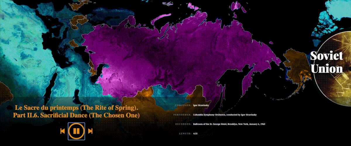 Gif of Voyager Golden Record interface with colorful world map and media player
