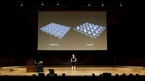 Woman on stage presenting research with large images projected on screen behind her.