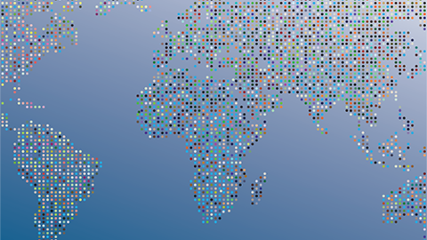 Map of the world constructed of multicolored dots on a blue background.