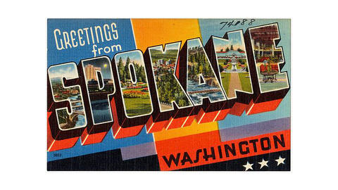post card reading "greetings from Spokane, Washington"