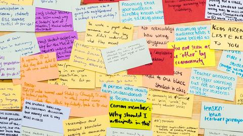 Overhead shot of overlapping multicolored cards with text about teaching on them