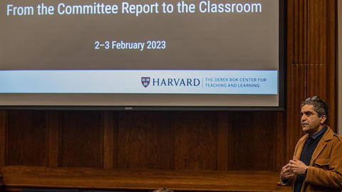 Dean Rakesh Khurana speaks at the exploratory seminar on the legacy of slavery at Harvard.