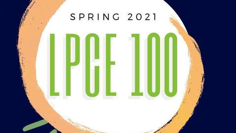 A white circle with a swoopy orange border on a dark blue background, with text that reads "Spring 2021: LPCE 100"
