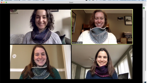 zoom call with Bok staff wearing matching knitted scarves