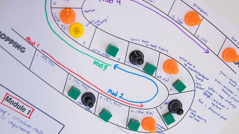Game pieces sit atop a syllabus design worksheet using game concepts to help build a syllabus.