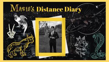 cover of student's distance diary with photo of student and other icons