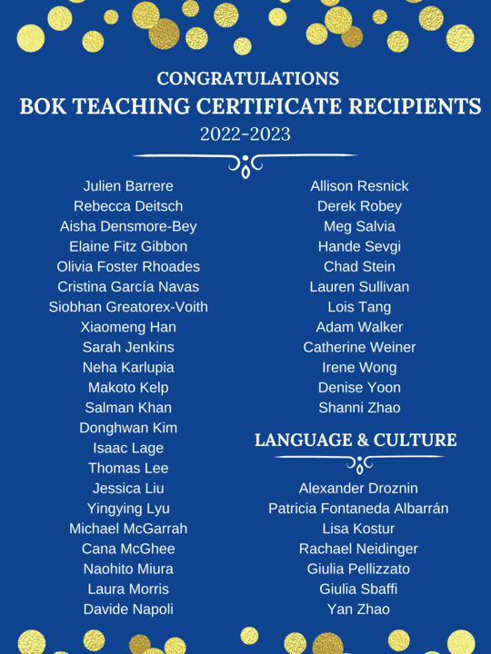 Blue poster with gold dots featuring names of teaching certificate recipients from 2022-23 academic year.