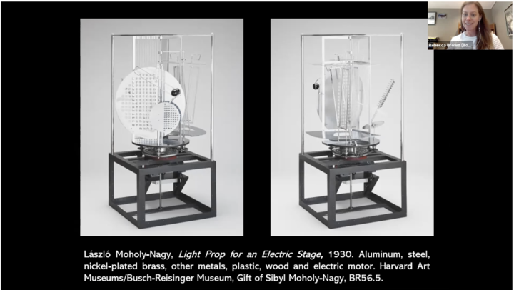 Rebecca Brown discusses a Lazlo Moholy-Nagy art piece over Zoom.