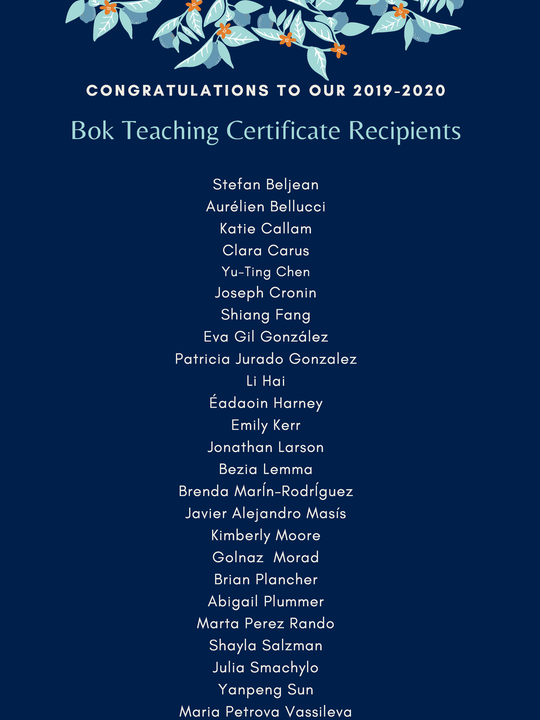 graphic with names of 2019-2020 teaching certificate recipients