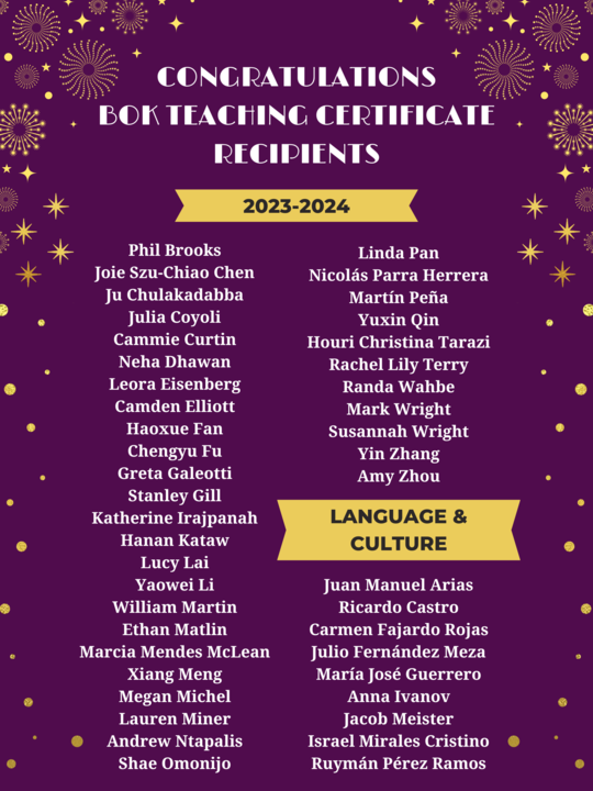 Poster featuring the names of all of the students who received the Bok Teaching Certificate this year.