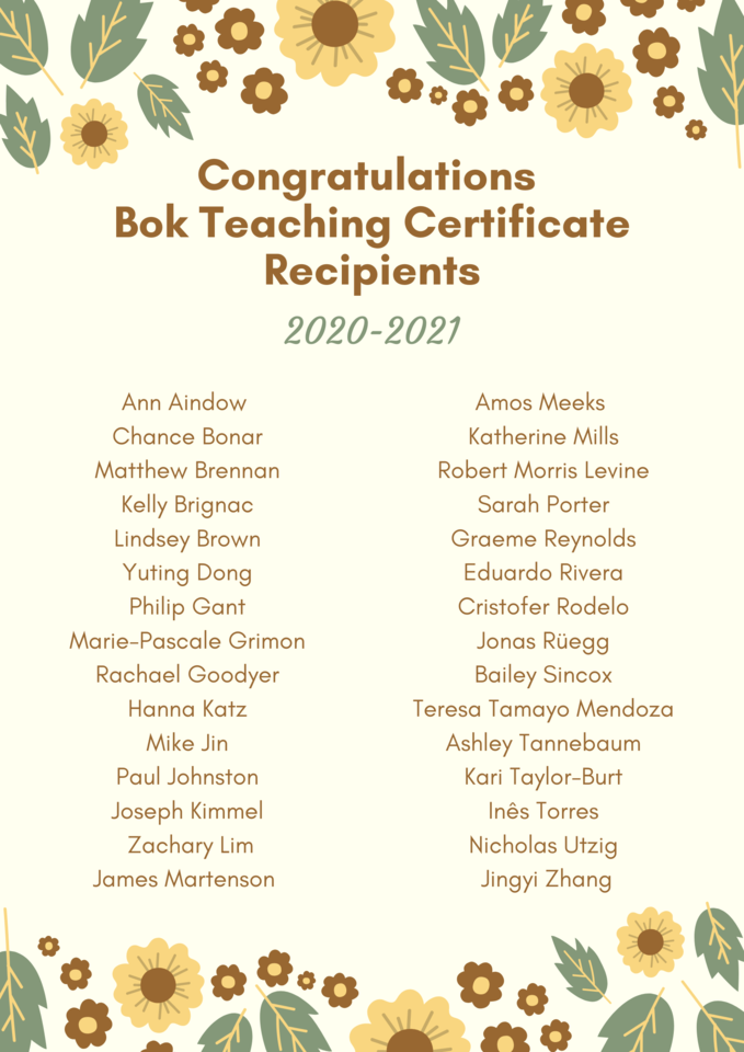 A list of the teaching certificate recipients from 2020-2021 with a decorative flower pattern.