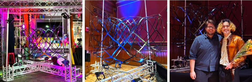 The physical representation of Noah Toyonaga's research in process in the Learning Lab, onstage at Sanders Theater, and with creators Casey Cann and Noah Toyonaga.