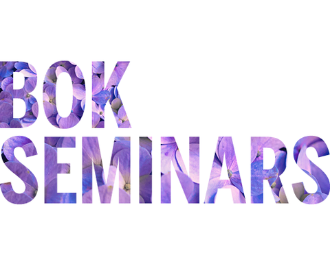 The words "Bok Seminars" made out of a photo of purple flowers.