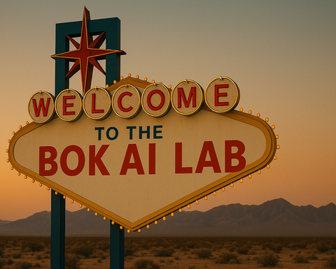 An AI generated image of the iconic "welcome to Las Vegas" sign edited to say "Welcome to the Bok AI Lab."