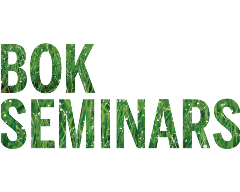 The words "Bok Seminars" shaped out of a photo of lush green grass.