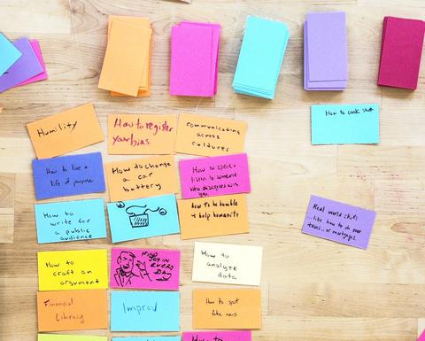 Overhead view of colored cards on a table with ideas of what students should learn, including "how to register your bias" and "how to craft an argument."